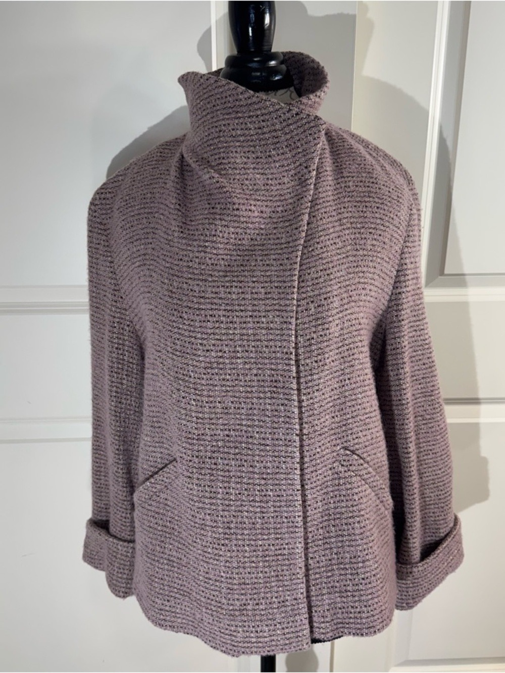 Zenobia Women's Lavender/Beige/Brown Knit Wool Blend Funnel Neck Jacket 10